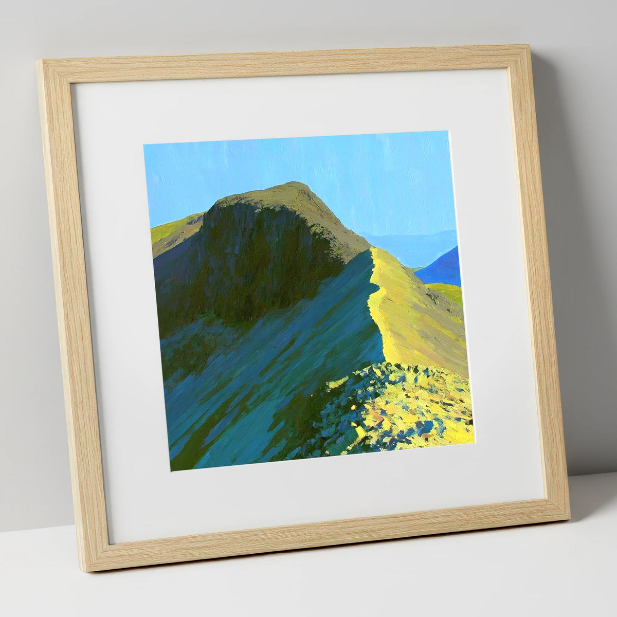 Sunlit Bowfell Ridge Path lake district fell art print in natural frame