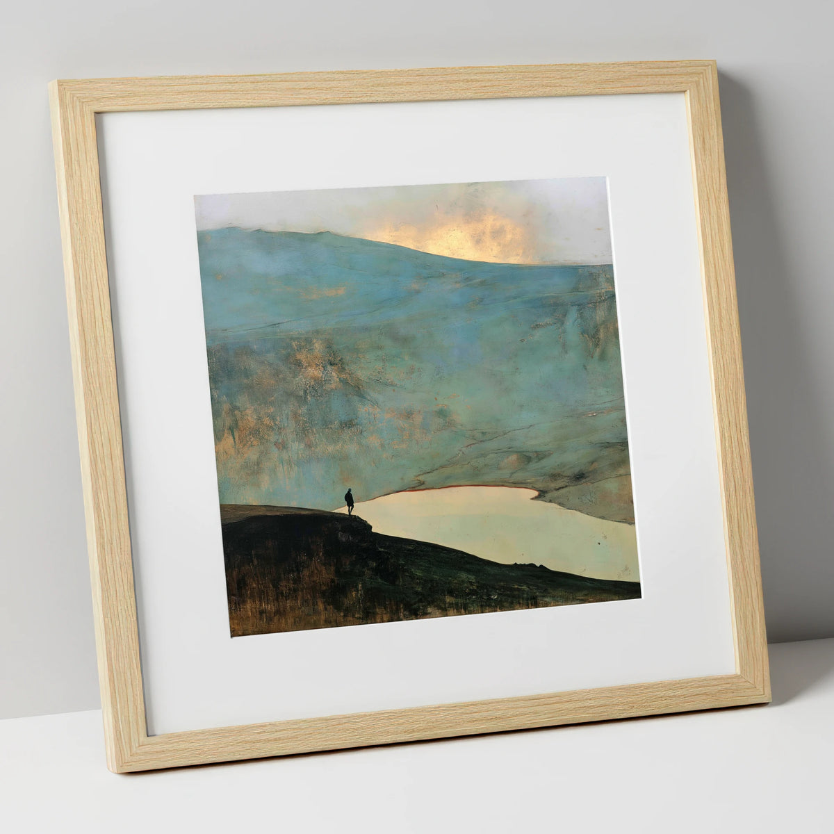 Helvellyn Walker and Golden Sky lake district fell art print in natural frame