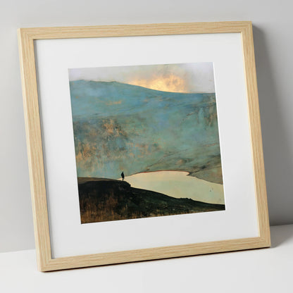 Helvellyn Walker and Golden Sky lake district fell art print in natural frame
