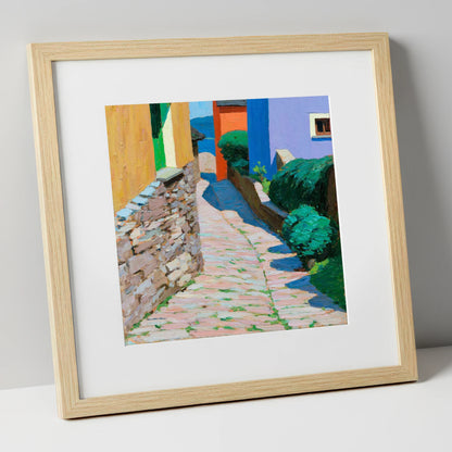 Colourful Cobbled Village Street lake district village art print in natural frame