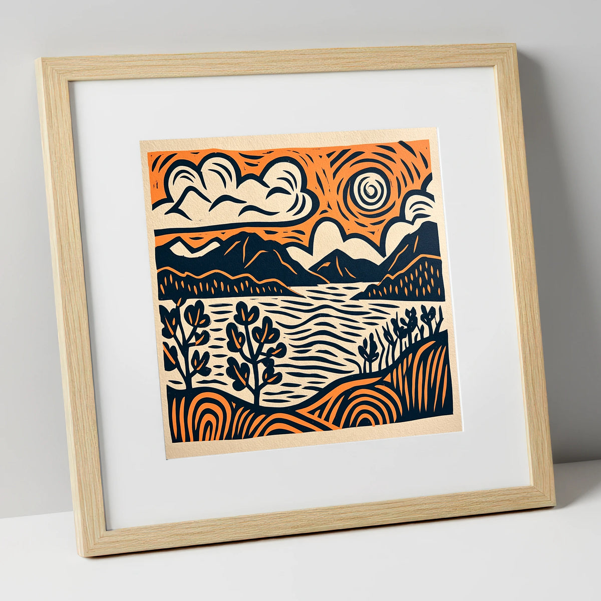 Windermere in Navy and Terracotta lake district lake art print in natural frame
