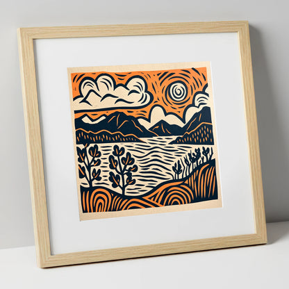 Windermere in Navy and Terracotta lake district lake art print in natural frame