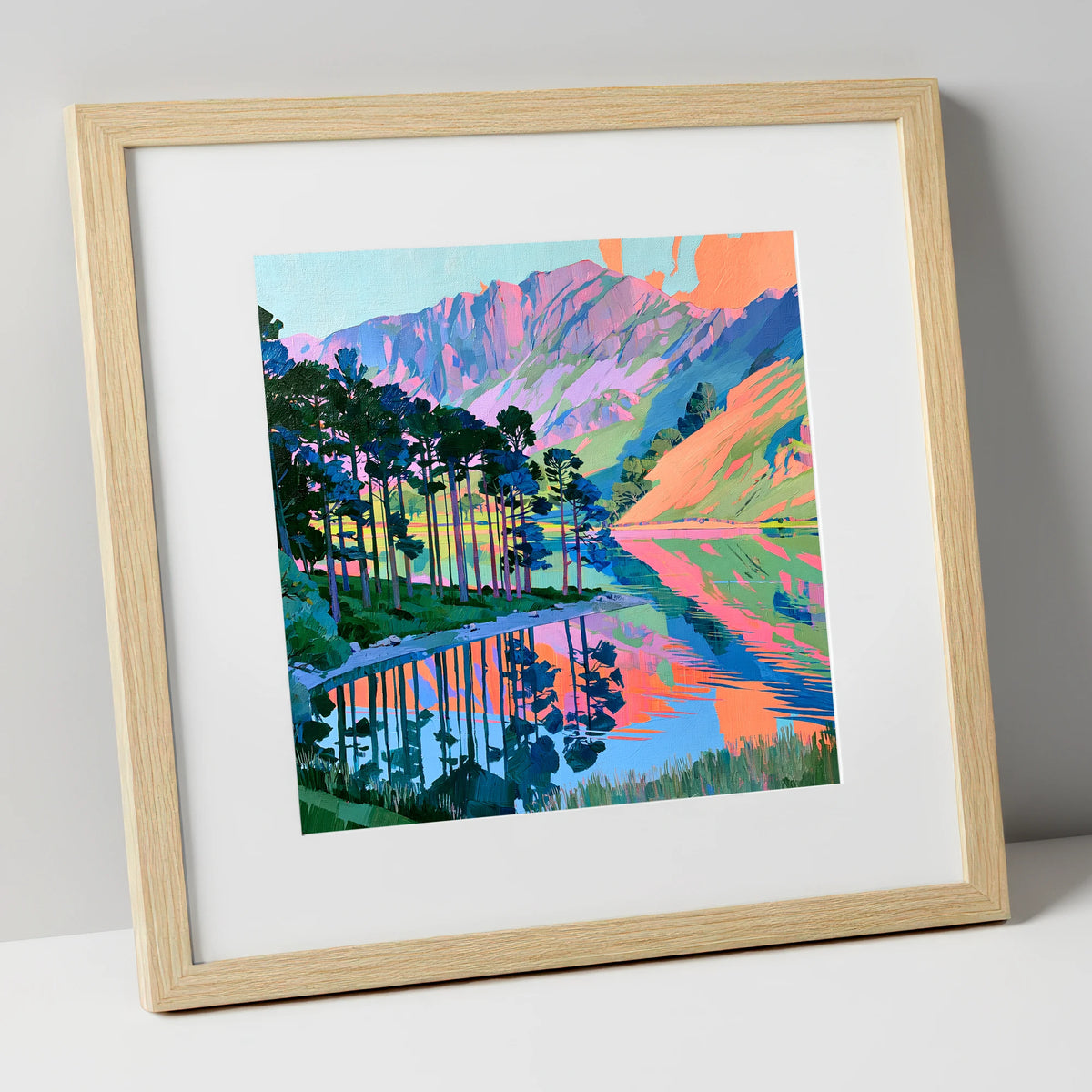 Vibrant Buttermere Scots Pines lake district lake art print in natural frame