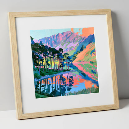 Vibrant Buttermere Scots Pines lake district lake art print in natural frame