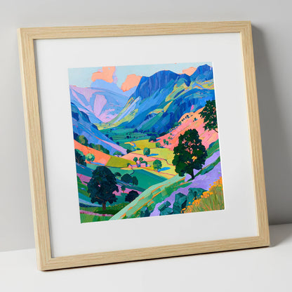 Vibrant Valley Between Blue Fells lake district valley art print in natural frame