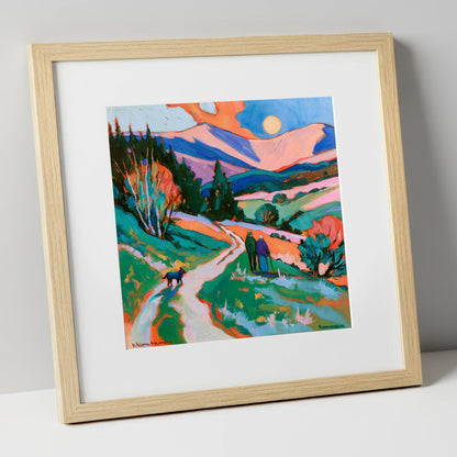 Colourful Keswick Dog Walk gifts for dog walkers art print in natural frame