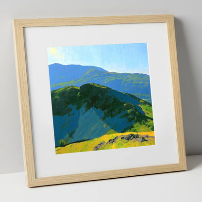 Sunlit Crags of Holme Fell lake district fell art print in natural frame
