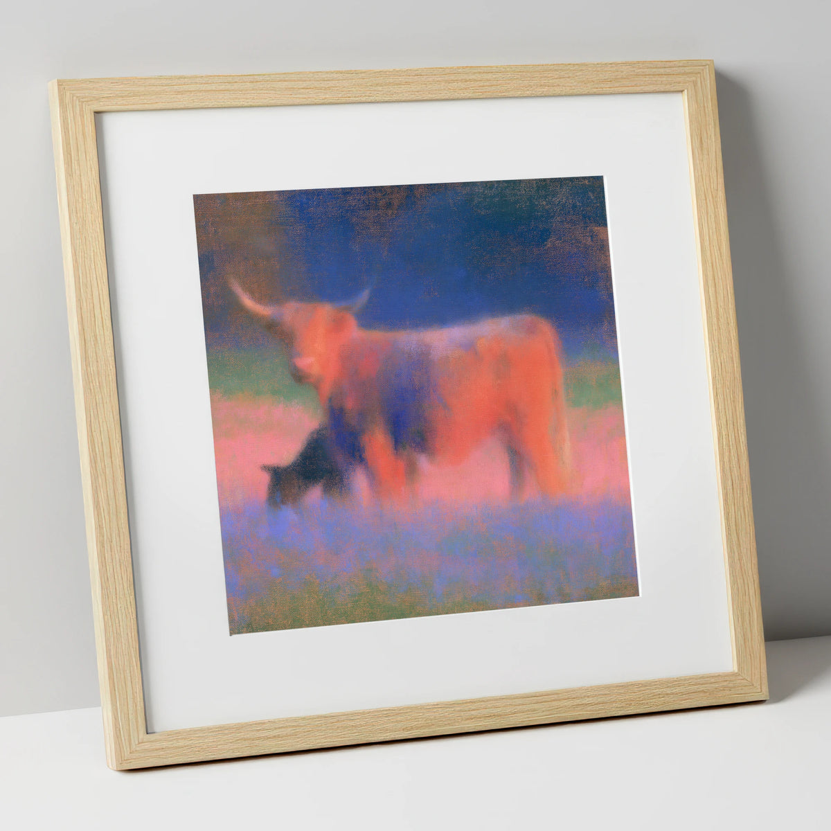 Highland Cattle in Twilight Haze lake district wildlife art print in natural frame