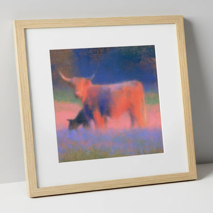 Highland Cattle in Twilight Haze lake district wildlife art print in natural frame