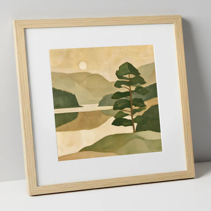 Still Lake and Pine at Dawn lake district lake art print in natural frame