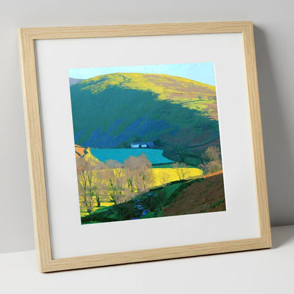Vibrant Ling Fell Valley Farm lake district fell art print in natural frame