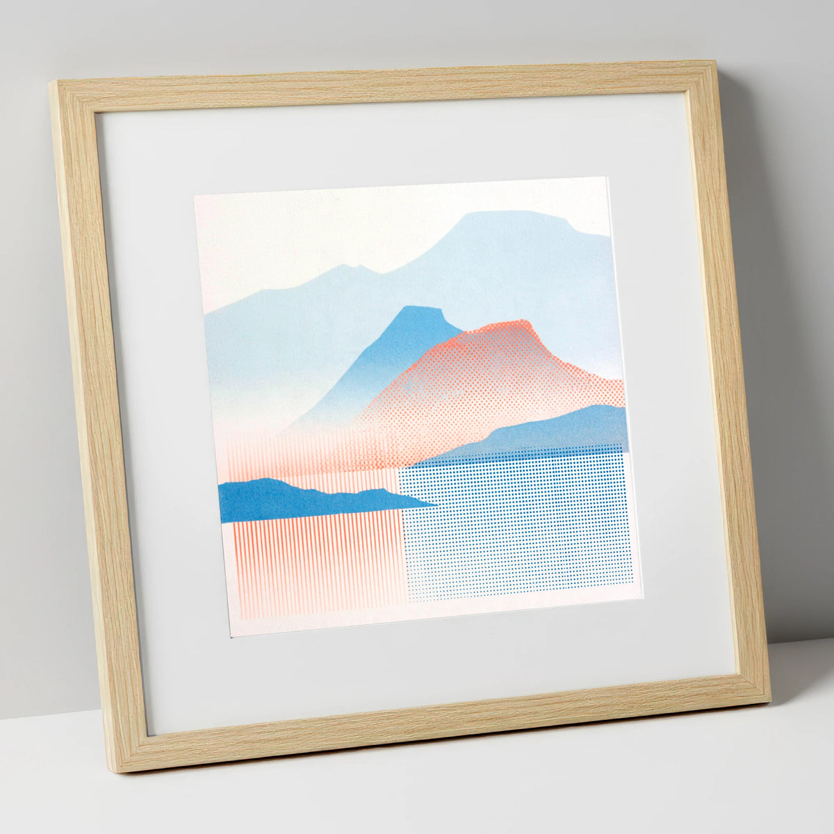 Catbells in Coral and Blue lake district fell art print in natural frame