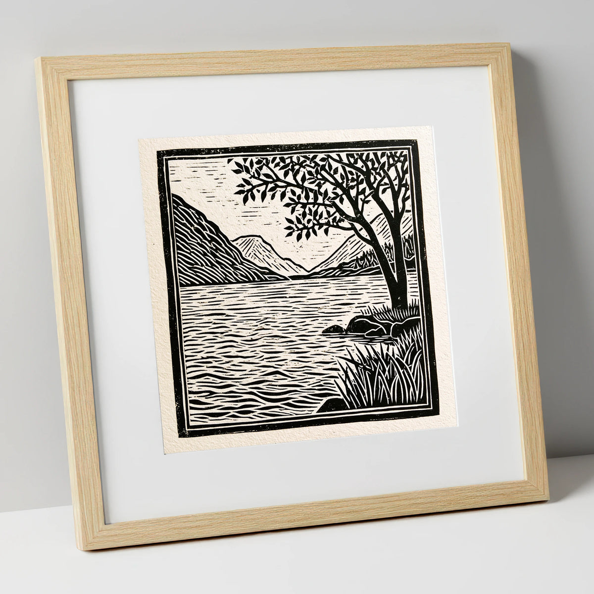 Graphic Lake Fells at Dawn lake district lake art print in natural frame