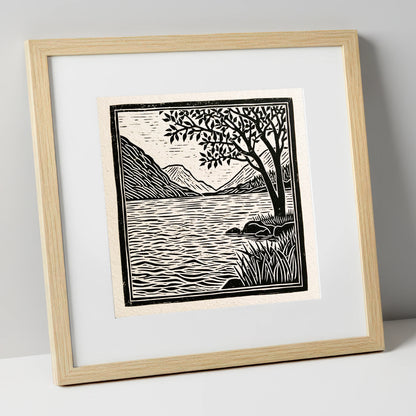 Graphic Lake Fells at Dawn lake district lake art print in natural frame