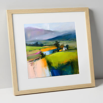Vibrant Patchwork Valley Fields lake district valley art print in natural frame