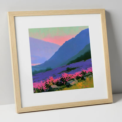 Indigo Fells and Vibrant Heather flowers & fellsides art print in natural frame