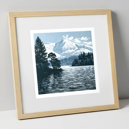 Winter Skiddaw in Deep Blue lake district fell art print in natural frame