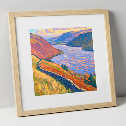 Vivid Ullswater Above Pooley Bridge lake district village art print in natural frame