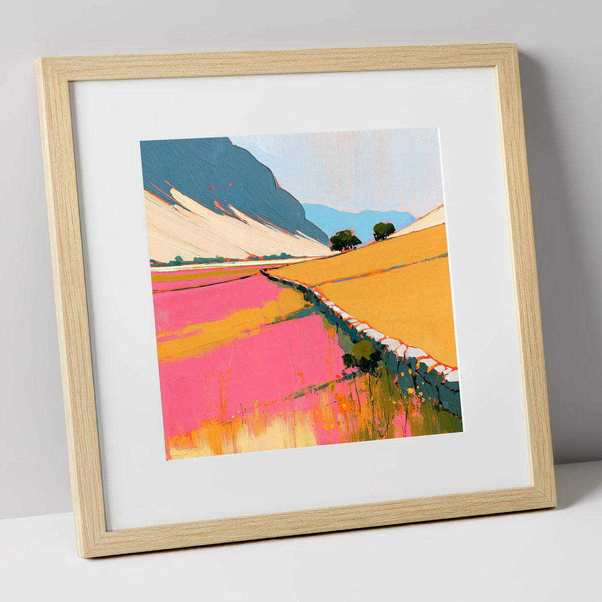 Bold Pink Valley Drystone Wall lake district valley art print in natural frame