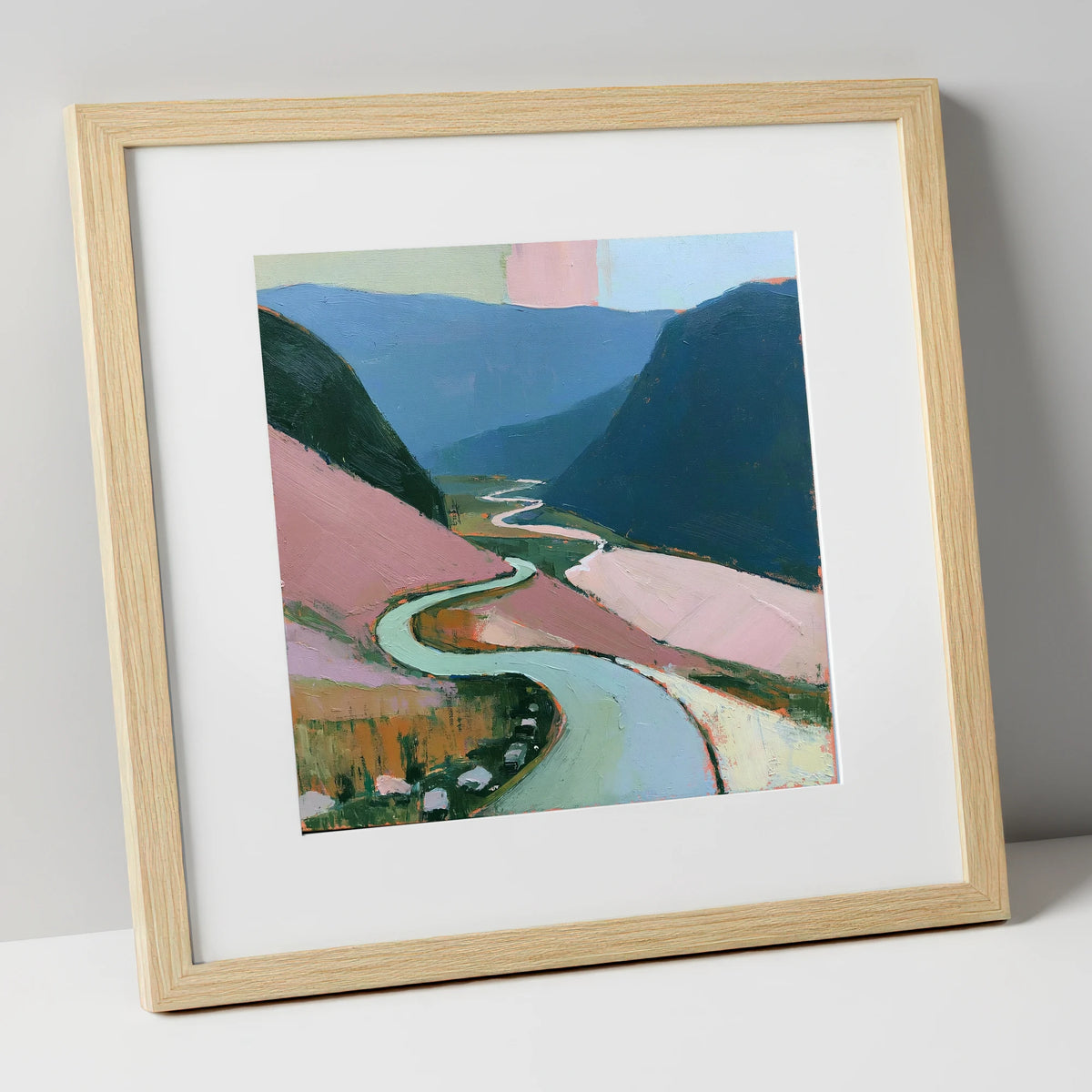 Mountain Pass in Blush and Teal lake district valley art print in natural frame