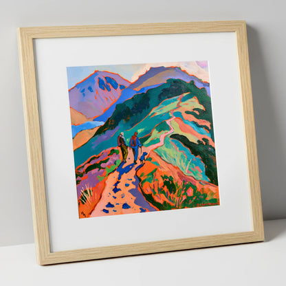 Colourful Haystacks Walk With Dog gifts for dog walkers art print in natural frame