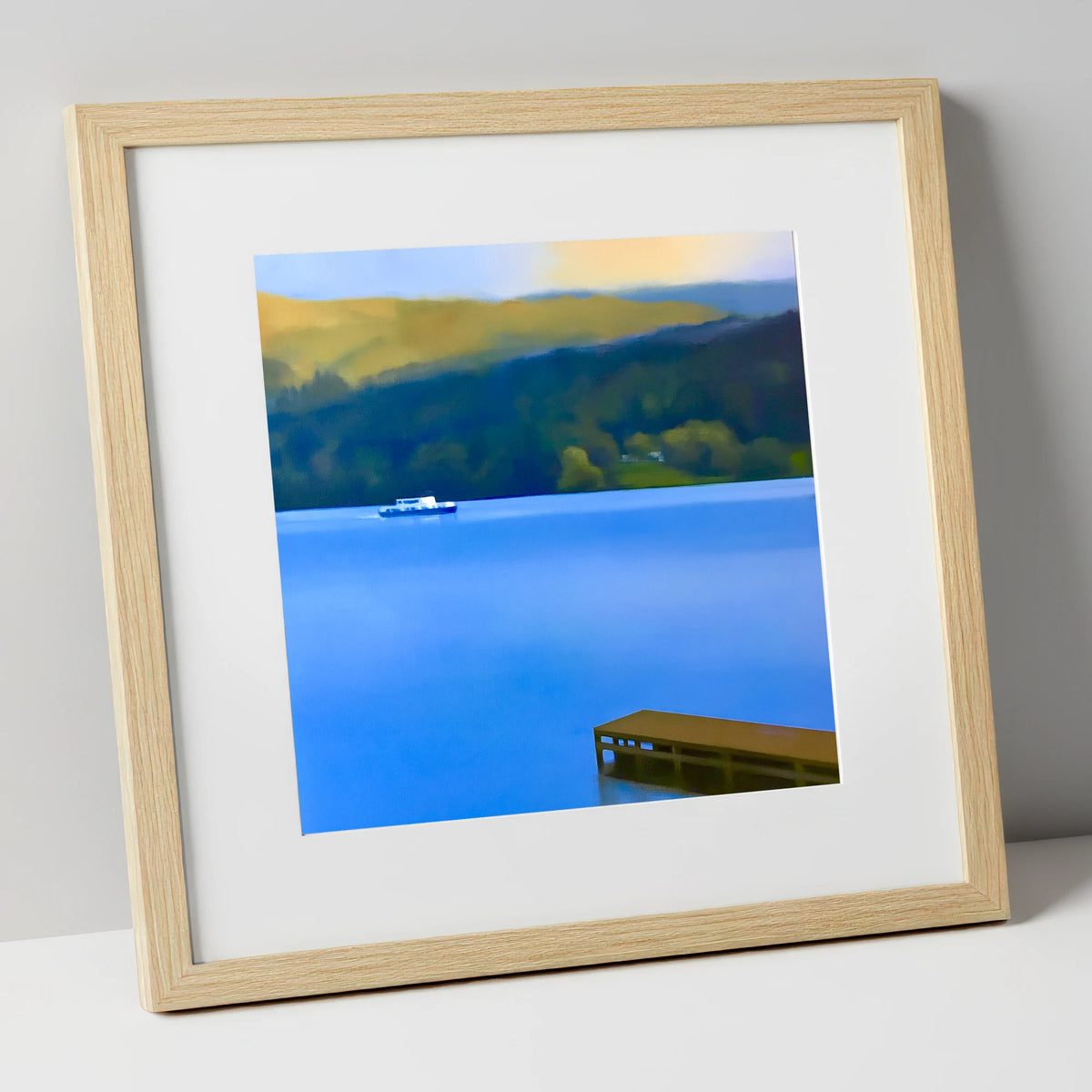 Jetty on Blue Coniston Water lake district lake art print in natural frame