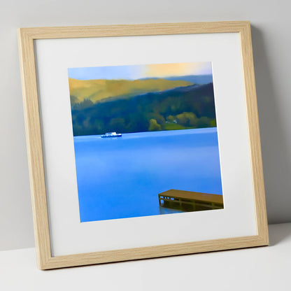 Jetty on Blue Coniston Water lake district lake art print in natural frame