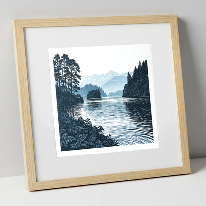 Deep Blue Lake at Dawn lake district lake art print in natural frame
