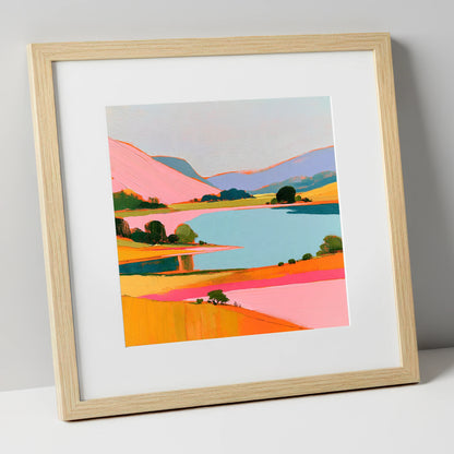 Pink Fells Over Teal Lake lake district lake art print in natural frame