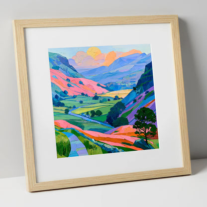 Vibrant Fells and Green Valley lake district valley art print in natural frame