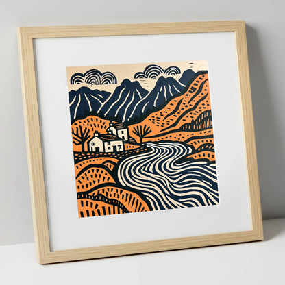 Grasmere Valley in Terracotta and Navy lake district lake art print in natural frame