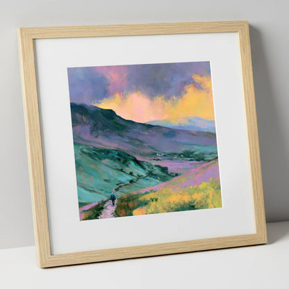 Fell Walker in Pastel Fells lake district walking art print in natural frame