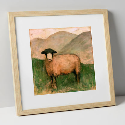 Herdwick Sheep on Warm Fellside lake district wildlife art print in natural frame