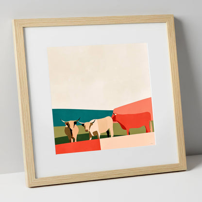 Abstract Highland Cattle and Fells lake district wildlife art print in natural frame