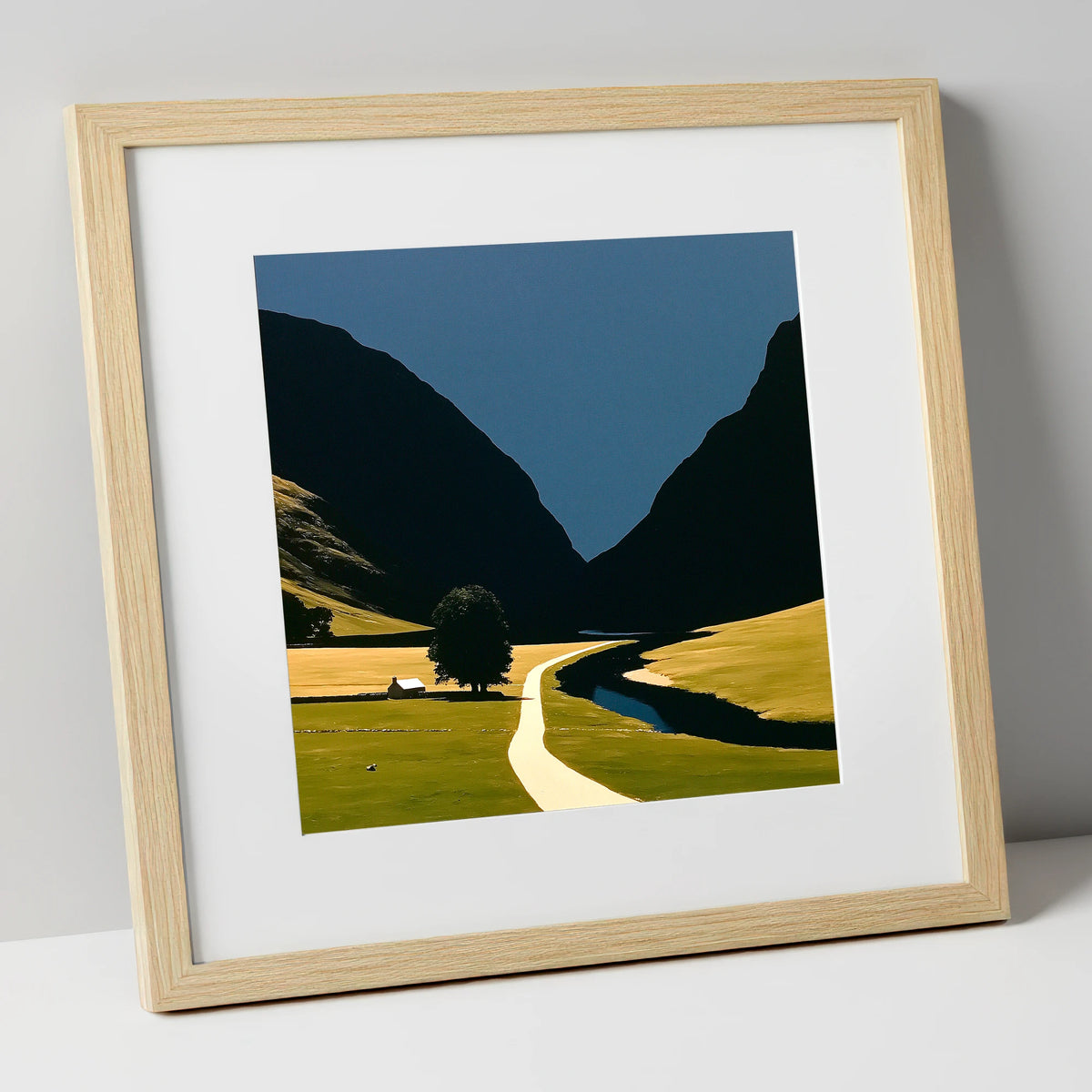 River Winding Through Dark Fells lake district waterfall art print in natural frame