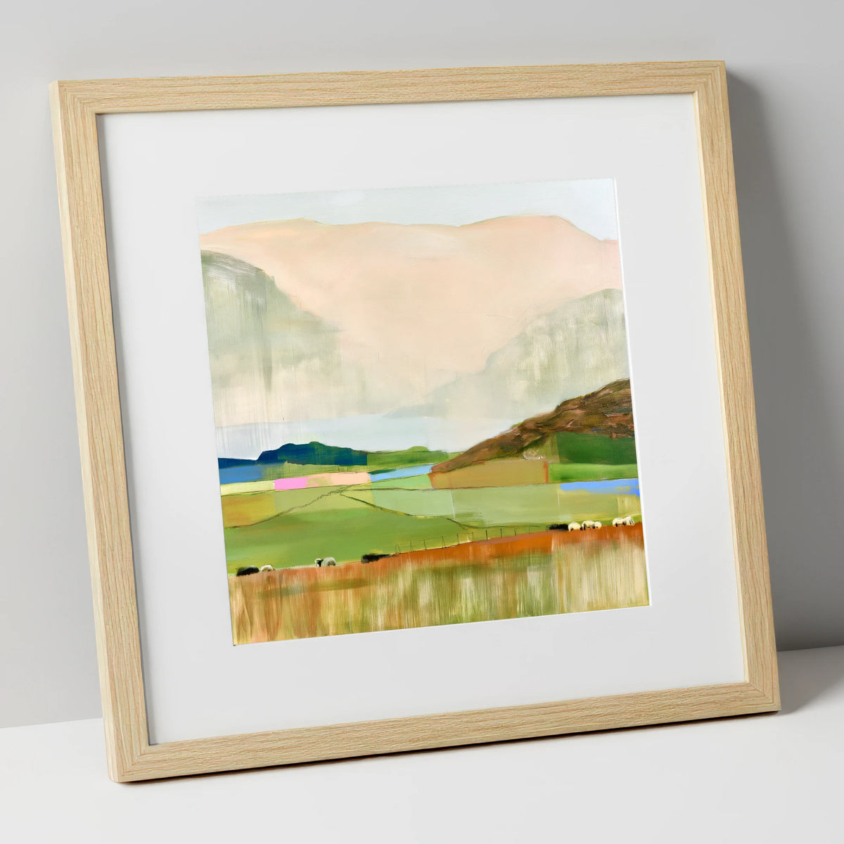 Abstract Fells And Valley Pastures lake district fell art print in natural frame