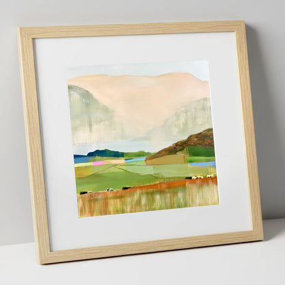 Abstract Fells And Valley Pastures lake district fell art print in natural frame