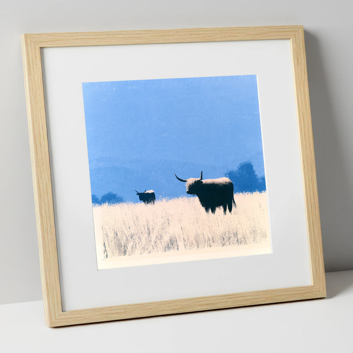 Highland Cattle Beneath Blue Skies lake district wildlife art print in natural frame
