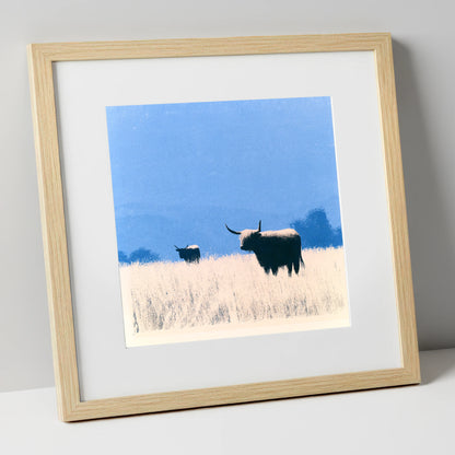 Highland Cattle Beneath Blue Skies lake district wildlife art print in natural frame