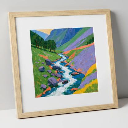 Vivid Rushing Fellside Beck lake district waterfall art print in natural frame