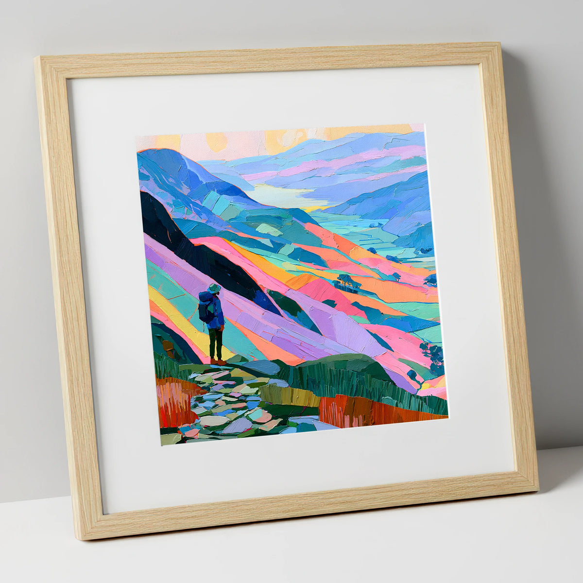 Vibrant Lake District Summit View lake district fell art print in natural frame
