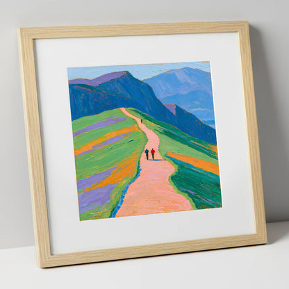 Walkers on a Vibrant Mountain Path lake district walking art print in natural frame