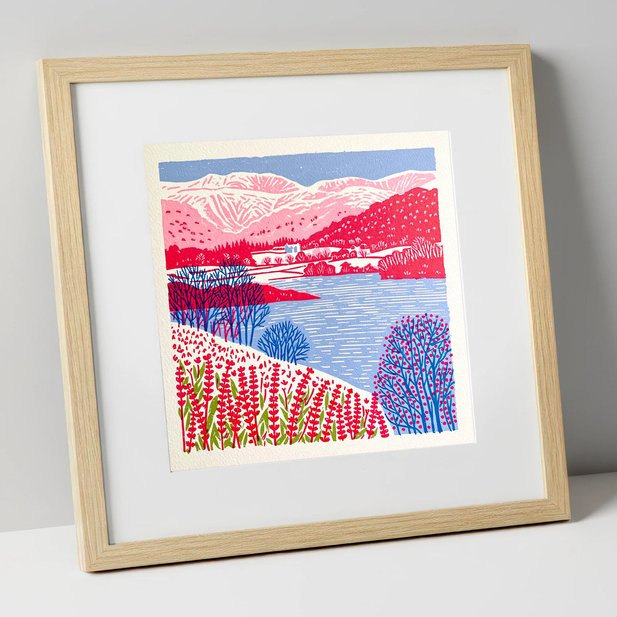 Vibrant Grasmere With Pink Fells lake district lake art print in natural frame
