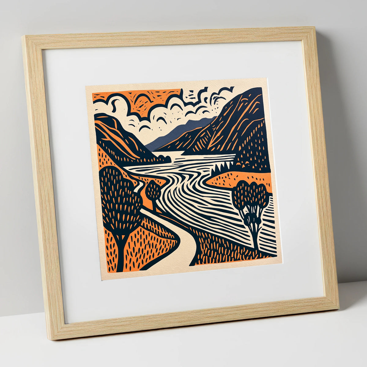Bold Ullswater in Terracotta and Navy lake district lake art print in natural frame