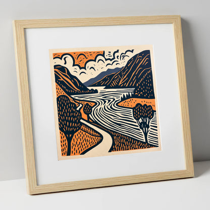 Bold Ullswater in Terracotta and Navy lake district lake art print in natural frame