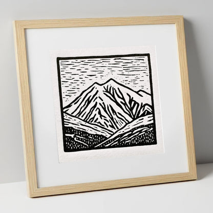 Skiddaw Peak in Graphic Monochrome lake district fell art print in natural frame