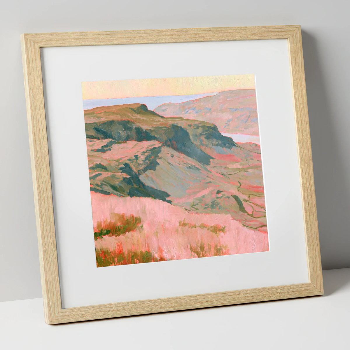 Fell Summit in Pastel Pink lake district fell art print in natural frame