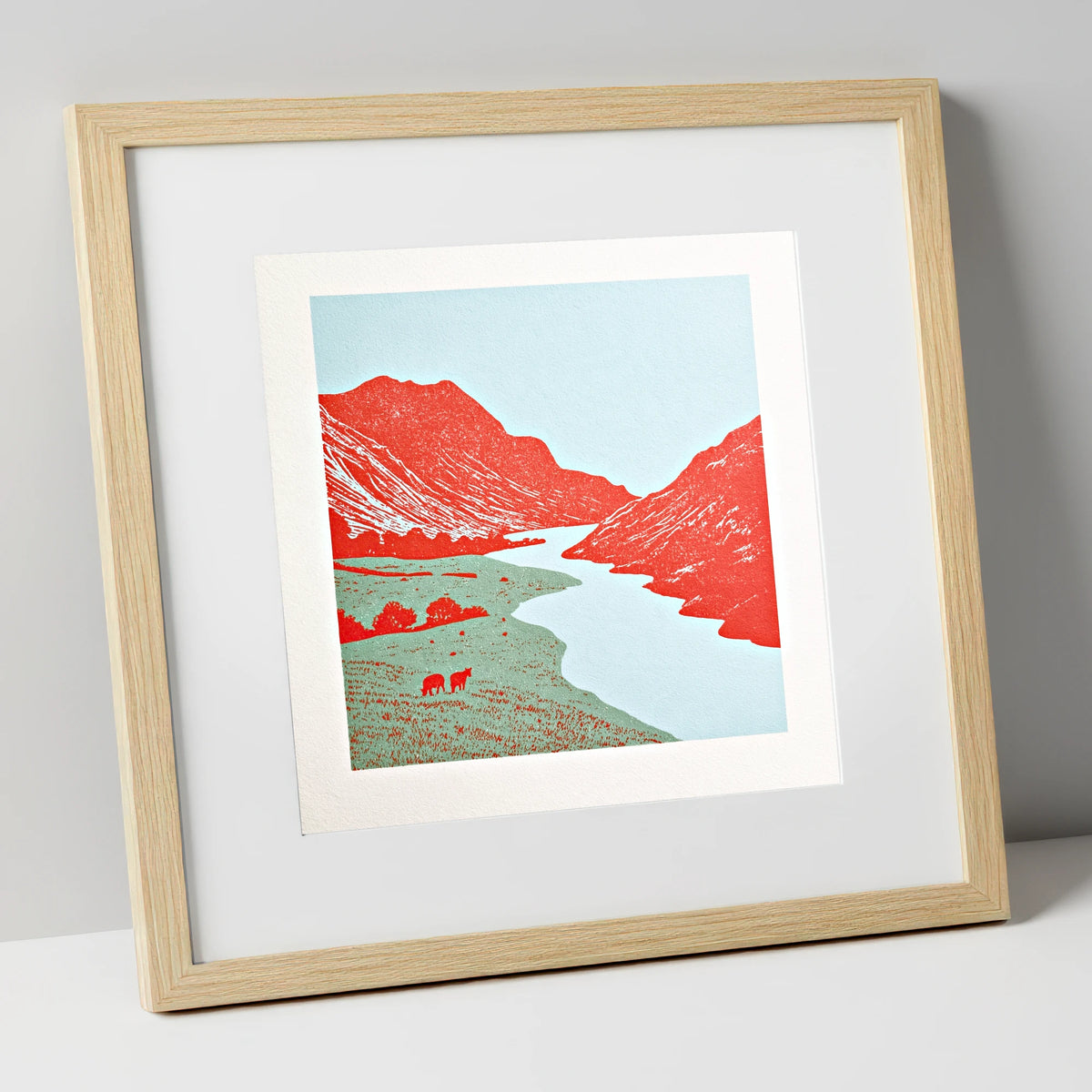 Eskdale Valley in Vivid Red lake district valley art print in natural frame