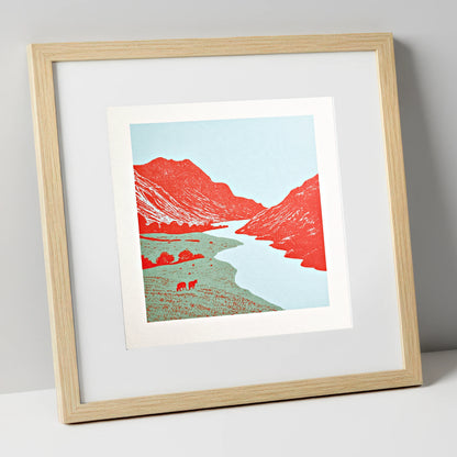 Eskdale Valley in Vivid Red lake district valley art print in natural frame
