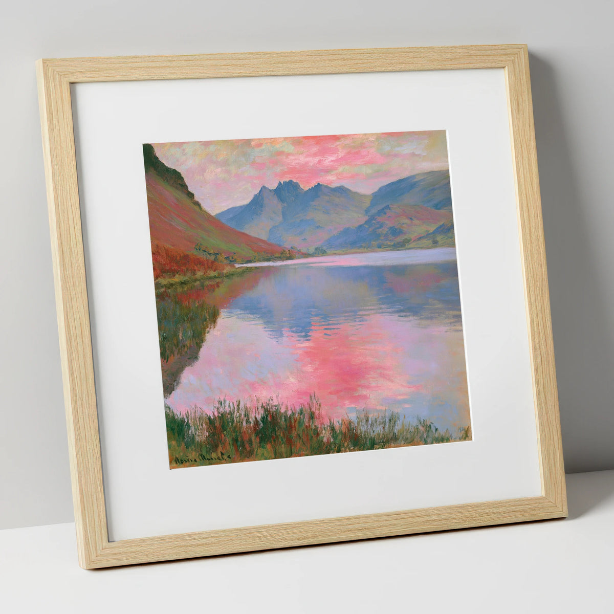 Pink Sunset Reflections on Loweswater lake district lake art print in natural frame